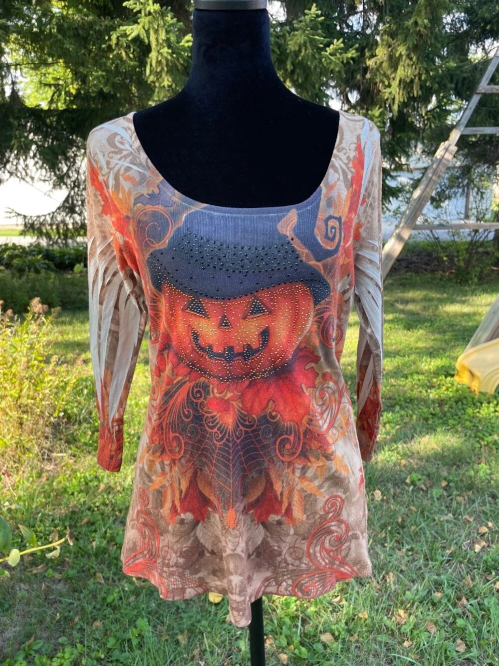 Vintage Y2K Style Top Blouse Pumpkin Rhinestone Fall Halloween Shirt S Statement